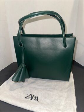 ZARA Emerald Green Leather Tote with Decorative Tassel
